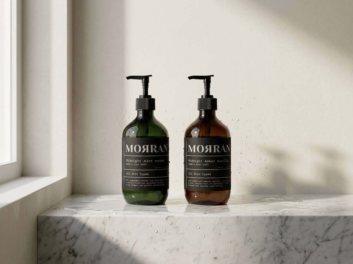 Morran body wash duo on wet marble