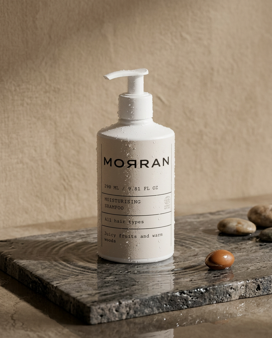 Hydrating shampoo on wet travertine